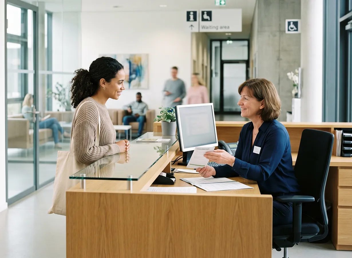 Kontakt im Jobcenter Landsberg am Lech: Mitarbeiterin am Empfangsschalter berät eine Besucherin im hellen Foyer.