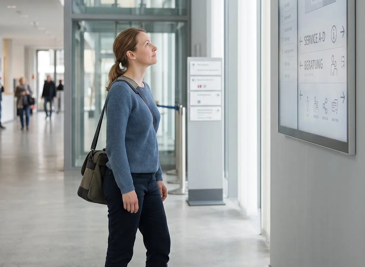 Besucherin informiert sich im Foyer des Jobcenter Landsberg am Lech an einem digitalen Wegweiser im Eingangsbereich.